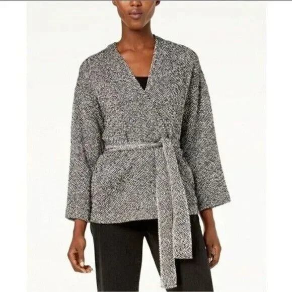 Eileen Fisher Handwoven Peruvian Organic Cotton Black/White Belted Jacket M - Picture 3 of 12